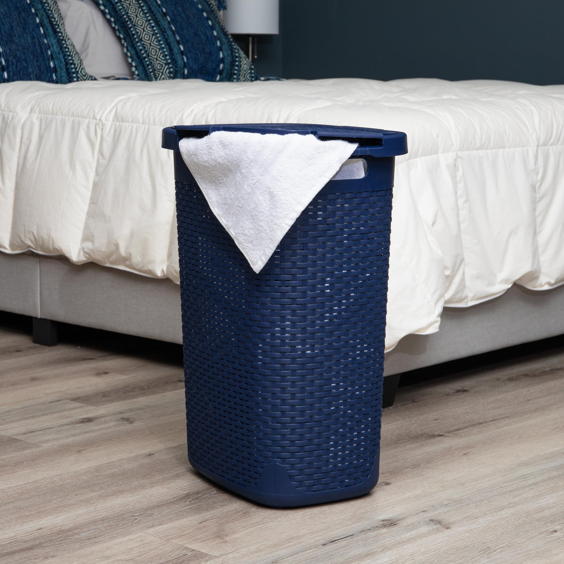 Mind Reader Slim Laundry Hamper with Lid, 60L Tall Clothes Basket, Narrow Tapered Design for