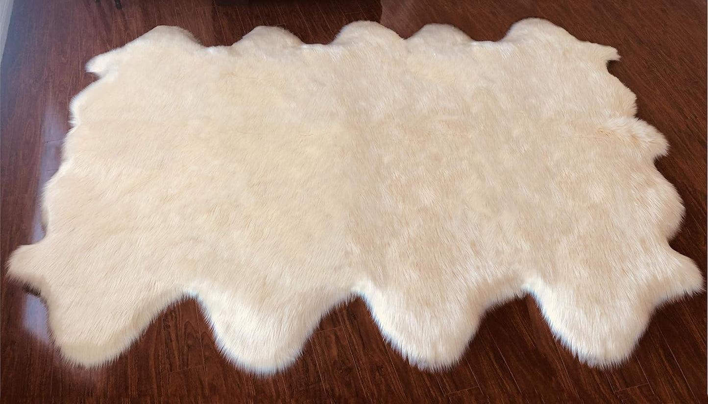 LAMBZY Faux Sheepskin Hypoallergenic Free Shape Silky Shag Rug, Luxury Shaggy Silky Plush Carpet for Bedrooms Rugs Living Room Kids Rooms Sofa Floor Rugs (Octo 8 Pelts 6'x8', White)
