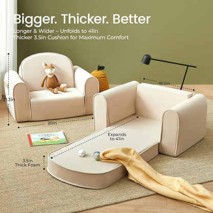 Tiny Land 2-in-1 Foldable Kids Couch with Pockets – Soft Thick Toddler Sofa, Lounger Couch, Convertible Kids Chair for Playroom, Bedroom or Living Room, Gift for Boys & Girls(Beige)