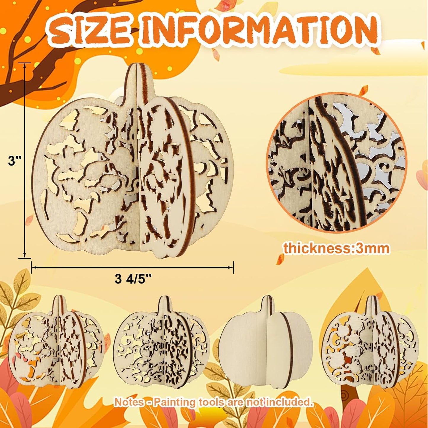 COCHIE DIY 3D Fall Pumpkin Wood Crafts to Paint for Kids Adults, Paintable Unfinished Wooden Slices for Craft, Cutouts Ornaments for Painting Decorations (24 PCS)