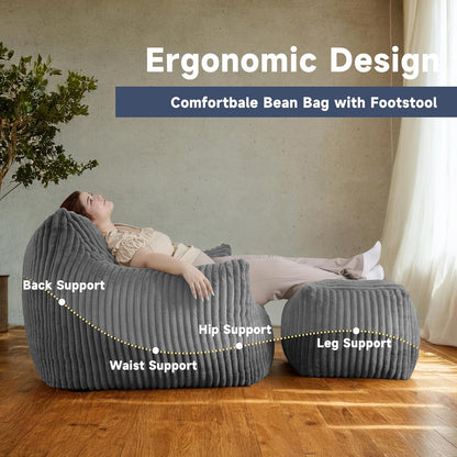 Giant Bean Bag Chairs for Adults, Oversized Chaise Lounge Chair Indoor with Memory Foam - Plush Boneless Lounger & Ottoman for Bedroom, Living Room, Gaming & Reading, Lazy Floor Sofa Chair, Gray