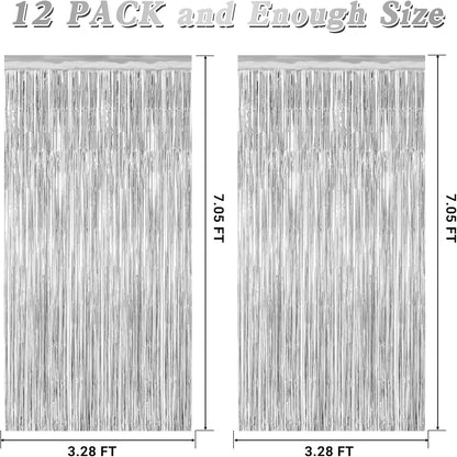 12 Pack Silver Backdrop. 3.28 FT x 7.05 FT Birthday Decorations, Metallic Silver Fringe Backdrop Foil Curtains Tinsel, Disco Party Decor Photo Booth Props Door Decorations Hanging