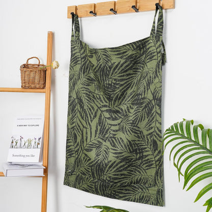 Linen Hanging Laundry Bag, 100% Linen Leaf Print Over The Door Laundry Hamper with Buttons and Zipper, Space Saving Door Hampers for Laundry Dirty Clothes Home Travel, Green, 19.7x27.5inches