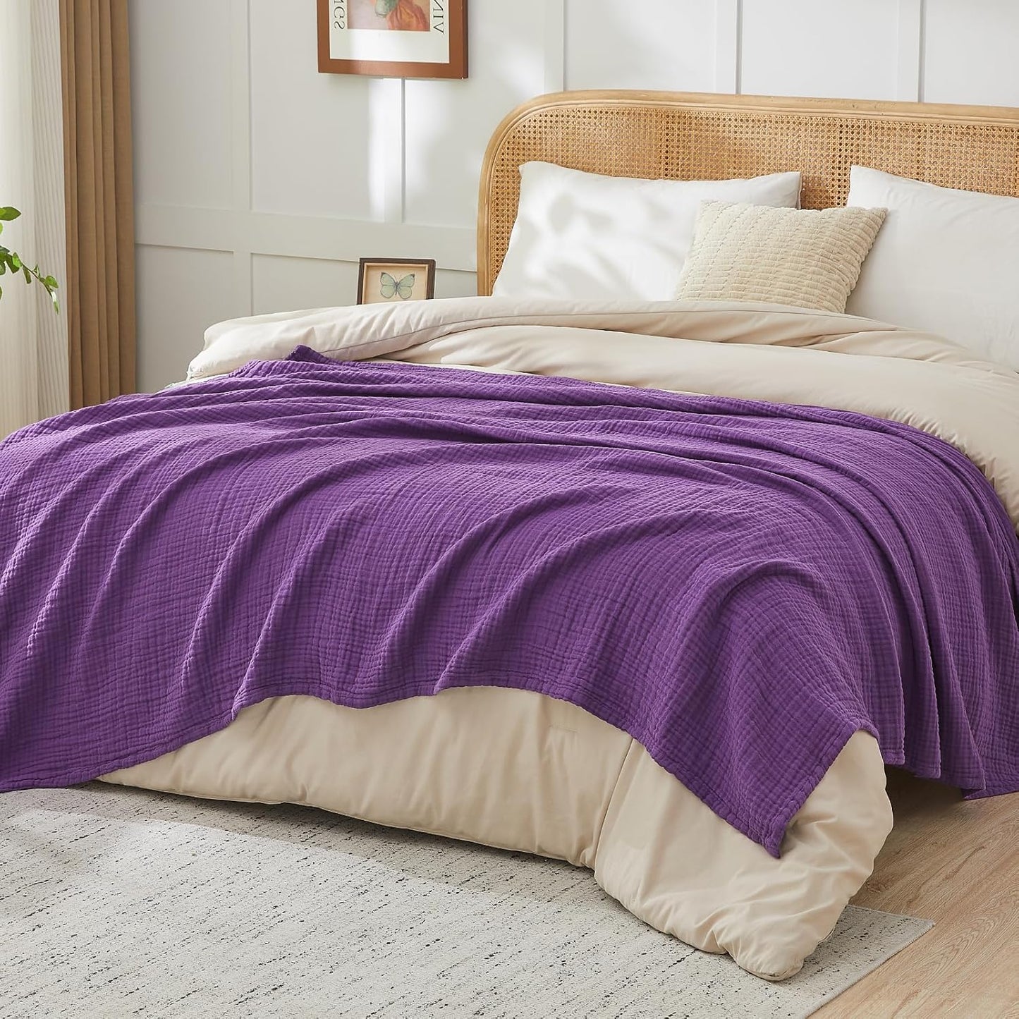 EMME Cotton Muslin Throw Blanket Couch Breathable Gauze Blanket Soft Lightweight Blankets Adults (Purple, 50"x60")