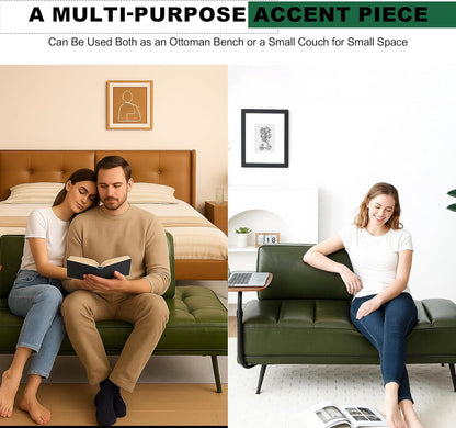 Sofa,Bed Bench,Small Spaces Furniture,Polyurethane Leather,Wood Frame,High Density Sponge Infillings,360-Degree Swivel Tray,Black Metal Leg (Green)