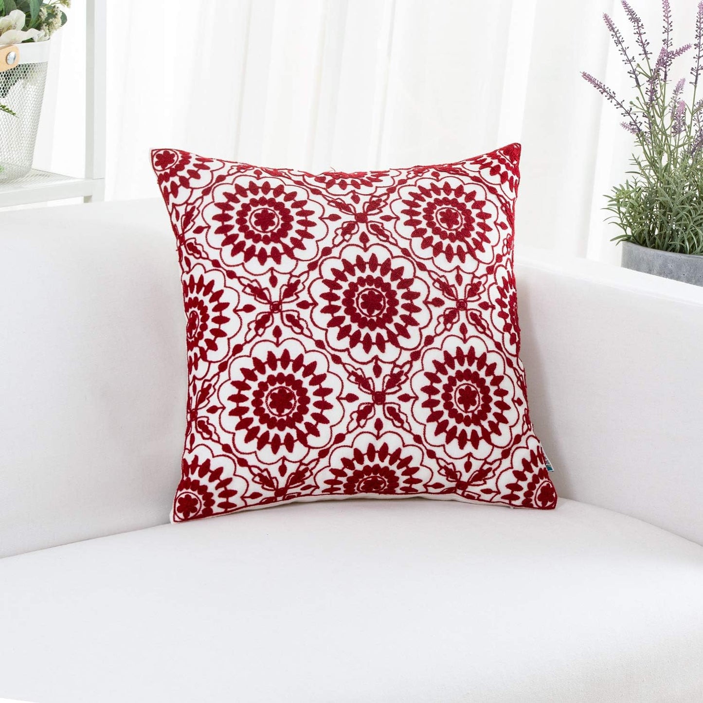 HWY 50 Red Decorative Throw Pillow Covers 18x18 Inch (1 Piece), Embroidered Cotton Farmhouse Cushion Cover Pillow Case for Sofa Couch Living Room Bed, Little Sunflower