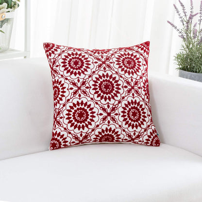 HWY 50 Red Decorative Throw Pillow Covers 18x18 Inch (1 Piece), Embroidered Cotton Farmhouse Cushion Cover Pillow Case for Sofa Couch Living Room Bed, Little Sunflower
