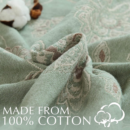 jinchan Boho 100% Cotton Muslin Twin Size 60x80 Inches Blanket Lightweight 4-Layer Quilted Soft Green and Beige Floral Throw Blanket Reversible Comfy Flower Breathable All Seasons Couch Bedroom Decor