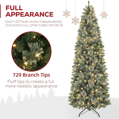 Hykolity 7.5ft Artificial Pre-lit Pencil Christmas Tree, Slim Christmas Tree with 300 Warm White LED Lights, 792 PVC Tips, Foldable Metal Stand and Hinged Branches
