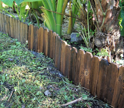 Wood Fence Border for Garden Beds – 9.8" H x 47" L Wooden Landscape Edging Panels, Rustic Decorative Outdoor Divider for Lawn, Path, and Yard Design (9-Pack)