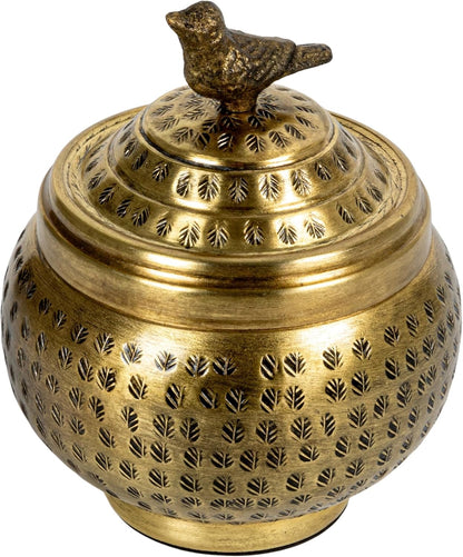 Creative Co-Op Round Hammered Metal Container with Bird Finial, Brass Finish