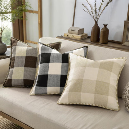 decorUhome Buffalo Plaid Check Throw Pillow Covers 18x18 Set of 2, Outdoor Decorative Farmhouse Neutral Pillow Covers with Stitched Edge for Bed Couch Sofa, Brown and Beige