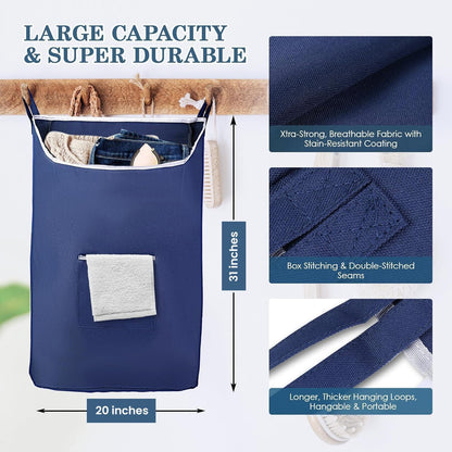 Fine Living Co. Large Hanging Laundry Hamper with Over Door Hooks & Adhesive, Durable Space Saving Laundry Bag with Zipper and Wide Open Top, Hanging Dorm Laundry Hamper (Navy Blue-XL)