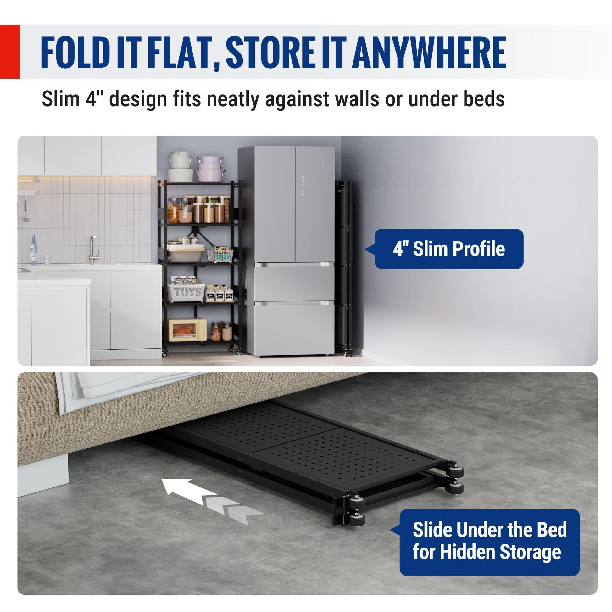 WORKPRO 5-Tier Folding Shelf, No-Assembly Metal Storage Rack with Wheels, 750 lbs Capacity (with