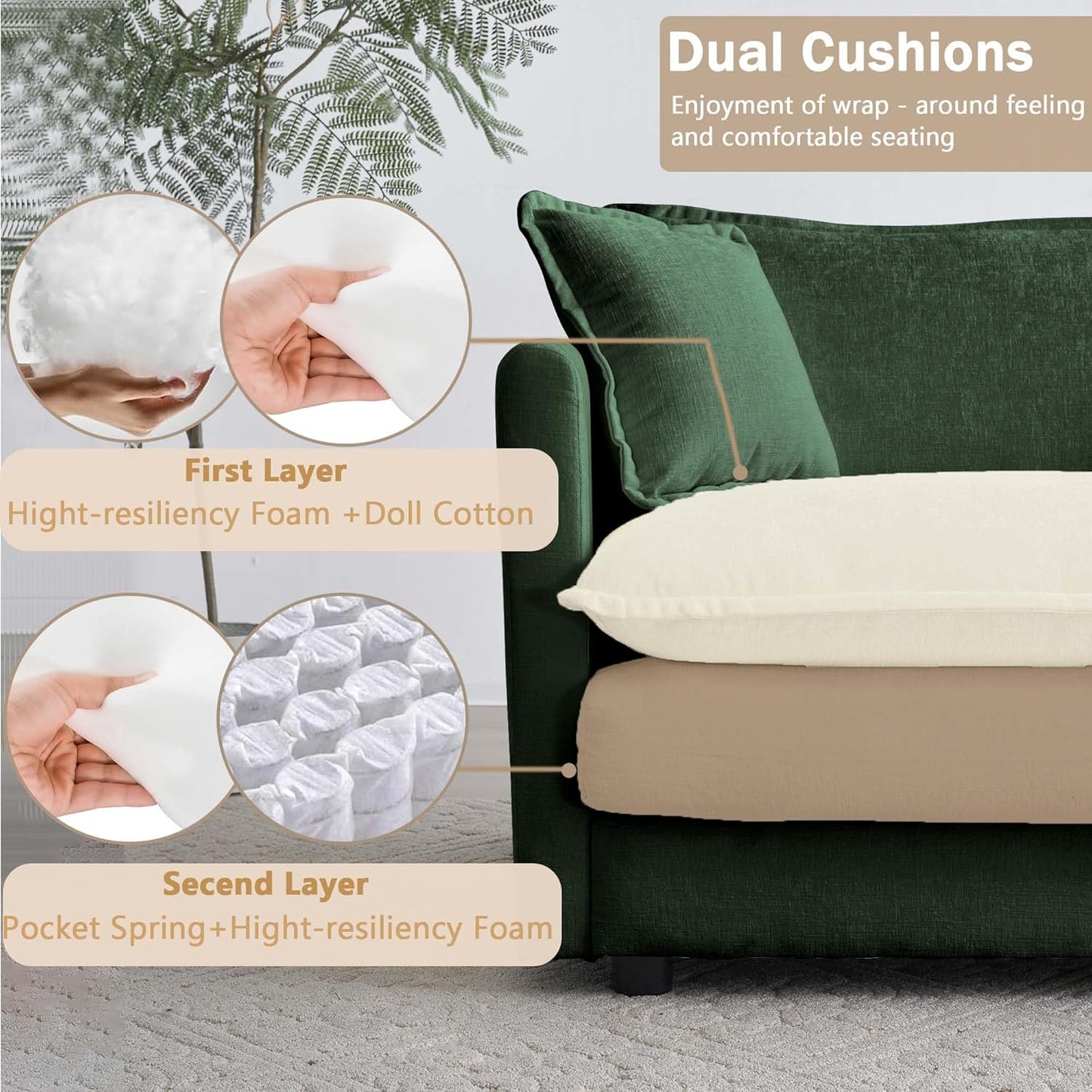 Sectional Sofa 4 Seater with Movable 1 Ottoman,Oversized Modular Couch Deep Seat (Green, 146.5 inch-L)