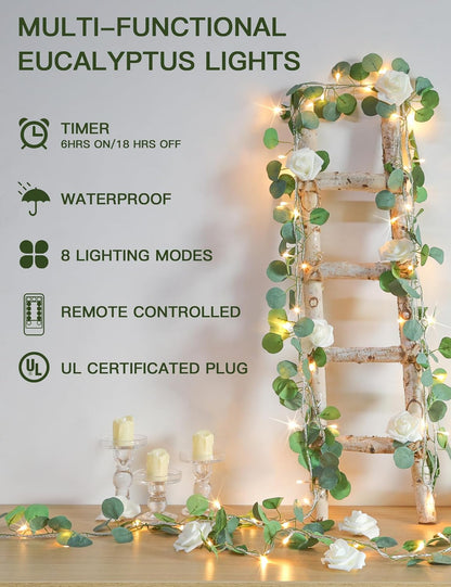 suddus Vines with Lights Plug in, 33ft 100 LED Eucalyptus Garland String Light Connectable with Remote, Leaf Lights for Bedroom, Room, Wall, Garden, Party, Wedding Decor (Warm White)