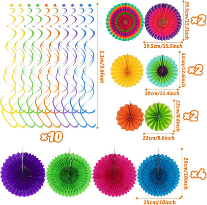 Fiesta Party Decorations - Easy to Assemble Multicolored Paper Fan Honeycomb Ball Garland Hanging Swirl for Mexican Party Cinco De Mayo Taco Themed Party Decorations Birthday Rainbow Parties