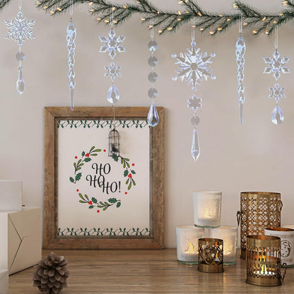 18pcs Crystal Christmas Ornaments for Christmas Tree Decorations-Blue Hanging Acrylic Snowflake and Icicle Ornaments with Drop Pendants for New Year Party Decorations Supplies