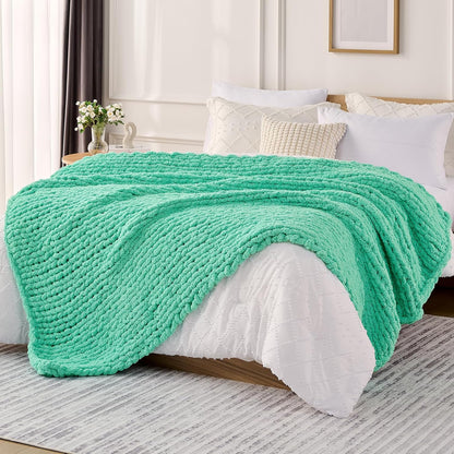 L'AGRATY Chunky Knit Blanket Throw: 60''x80'' Chenille Chunky Knitted Throw Blanket for Bed Couch - Handmade Thick Big Cable Knit Blanket - Large Crochet Rope Blanket for Home Decor(Aqua)