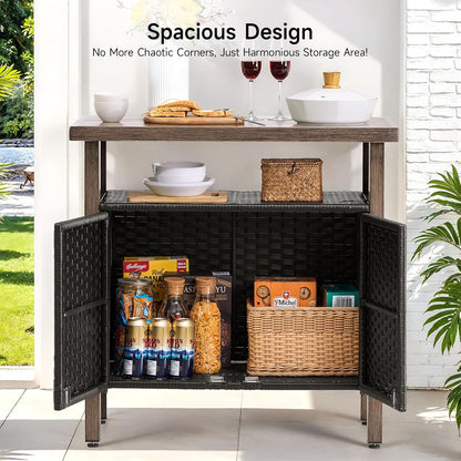 Outdoor Storage Cabinet, Woven Rattan Bar Table with 2 Doors, Slatted-Top, Wicker Console Table for Patio, Garden, Backyard, Kitchen - Black