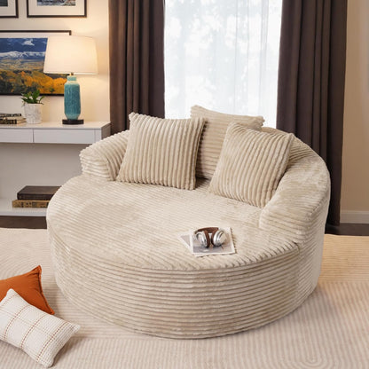 ovios 58" Oversized Round Chair Lounge Chaise Indoor, No Assembly Required, Cloud Large Circle Chair with Plush Fuax Fur, Fluffy Modern Sleeper Sofa Bed for Reading Yoga, Beige (Plush Corduroy Fabric)