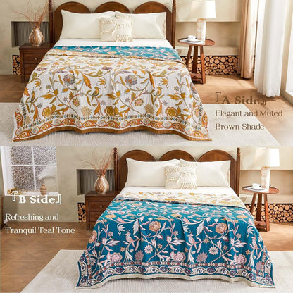 Fall Throw Blanket for Couch, Brown Boho Decorative Throw Blanket, 100% Cotton Muslin Breathable Woven Farmhouse Blankets Quilt, 90"x98" Reversible Lightweight Blankets Bohemian Throw Quilt