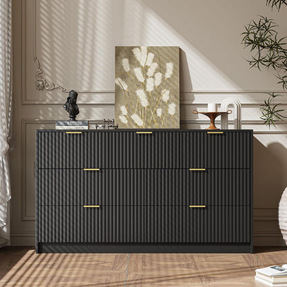 Black 7 Drawer Dresser for Bedroom, Modern Fluted Dresser with Gold Metal Handles, Wide Chest of Drawers for Bedroom, Living Room, Entryway, Hallway, 55.9" L x 15.7" D x 31.4" H