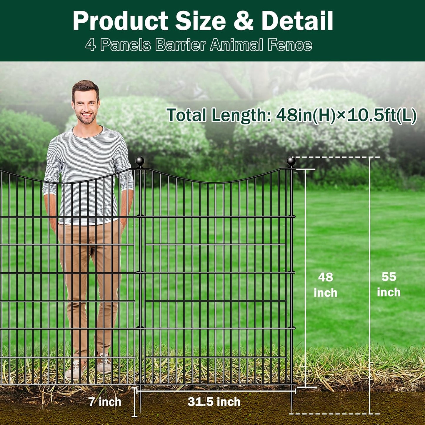 4 Panels Decorative Garden Fence with Gate, 48 in(H) X 10.5 ft(L) No Dig Dog Fence Animal Barrier Outdoor for Yard, Rustproof Metal Garden Edging and Borders, Temporary Fencing Stakes