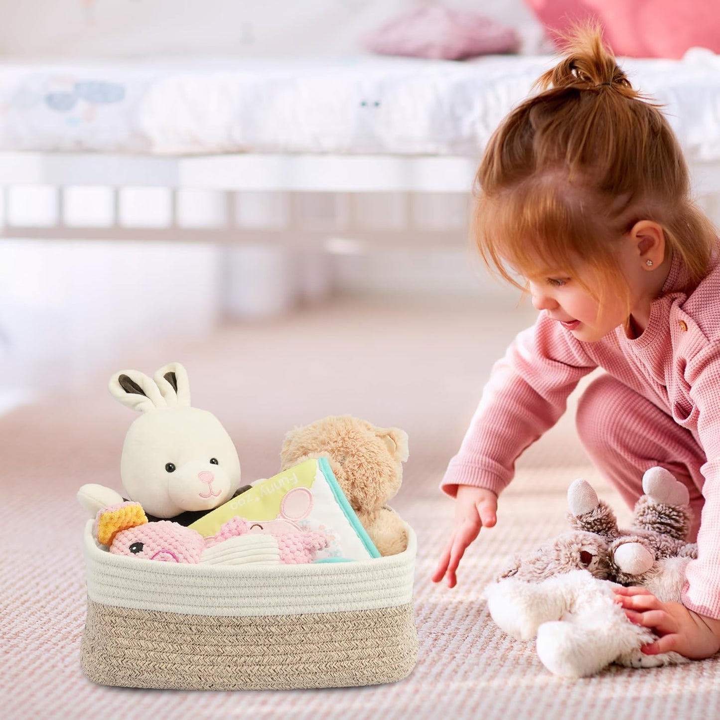 Small Woven Storage Baskets 13“X9”X5“ Decorative Rope Bins for Organizing Shelves, Closets, and Toys, Empty Gift Baskets, Cute Organizer Basket for Home and Office (white and brown, Large)