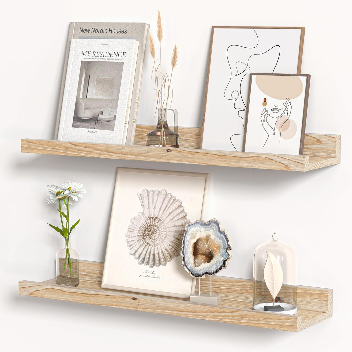 Floating Shelves for Wall, Picture Ledge Shelf 24 Inch Solid Wood Set of 2, Rustic Wall Shelves with Lip, Kids Bookshelf, Photo & Picture Live Edge Floating Shelves for Bedroom, Living Room, Kitchen