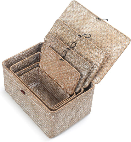 Wicker Basket with Lid, Seagrass Storage Basket, Woven Decorative Storage Baskets for Shelf Organizing, Whitewash