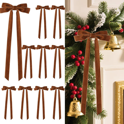 Senjie 10Pcs Large Velvet Christmas Tree Bows, 20in x 8in Premade Vintage Ribbon Tree Topper Bows Ornaments for Staircase Garland Wreath Holiday Home DIY Crafts Decorations, Light Brown