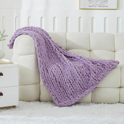 WESHIONGOO Chunky Knit Blanket Throw 40"*40" Knitted Throw Blankets for Couch Bed Fluffy Soft Blanket with Jumbo Chenille Yarn Thick 100% Handmade(Lilca)