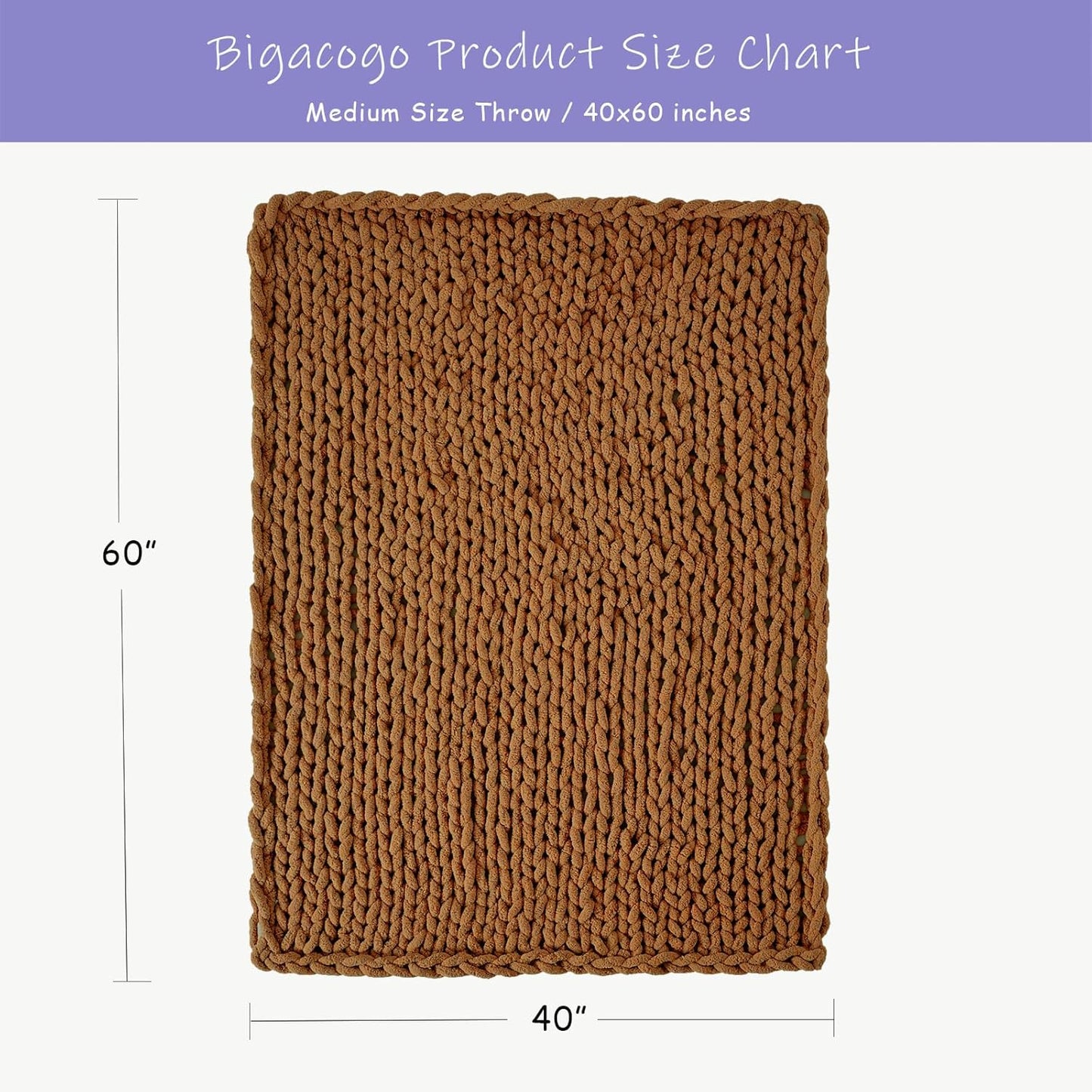 Bigacogo Chunky Knit Throw Blanket for Couch, 40x60 inches, 100% Hand Knitted with Thick Jumbo Chenille Yarn, Cozy Soft Large Rope Knot Cable Crochet Blankets for Sofa Bed Living Room, Caramel