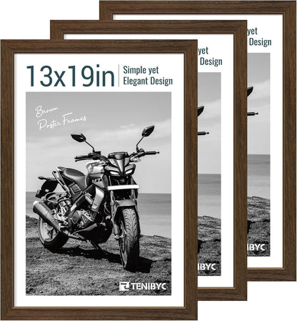 13x19 Picture Frame 3 Pack - Brown Woodgrain, Wood Photo Frame, HD Tempered Glass, Wall Gallery Poster Frame