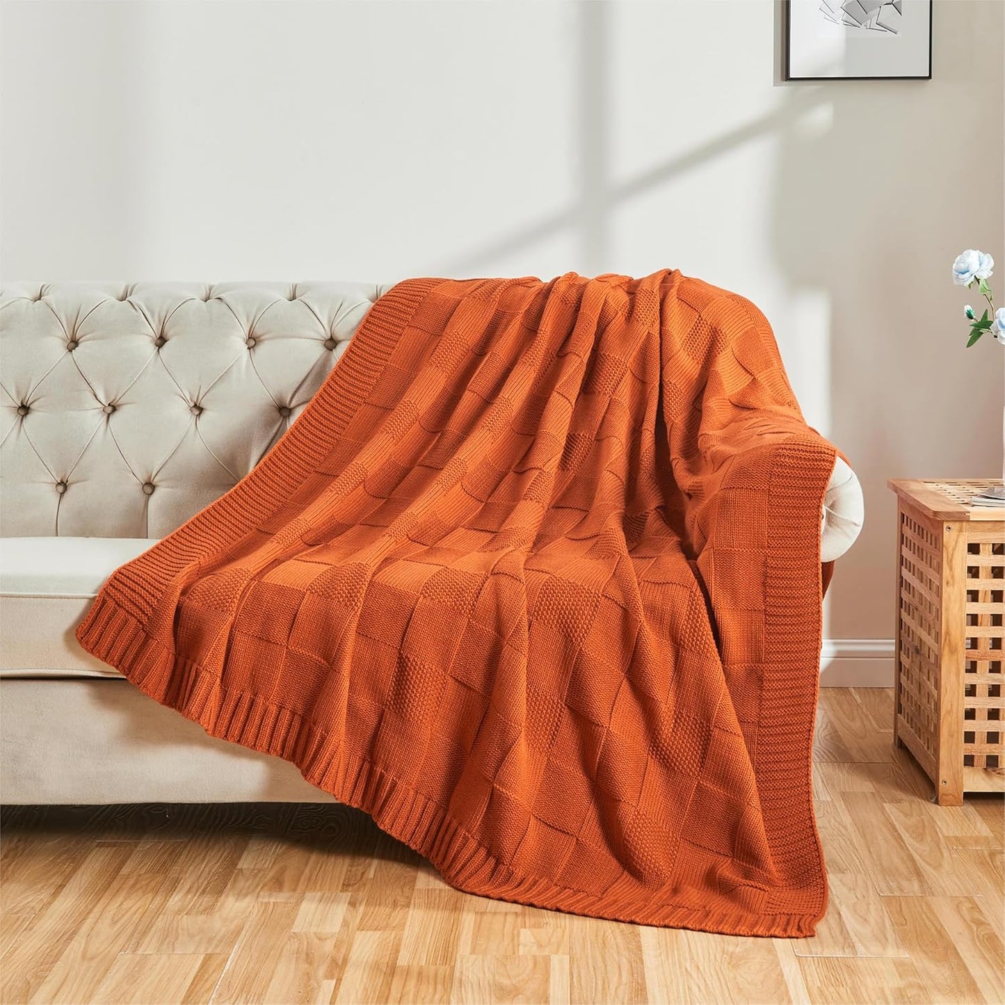 CozeCube Check Knit Throw Blanket, Rust Orange Checkered Throw for Couch, Decorative Christmas Soft Cozy Warm Knitted Blanket for Bed Sofa Living Room, 50"X60"