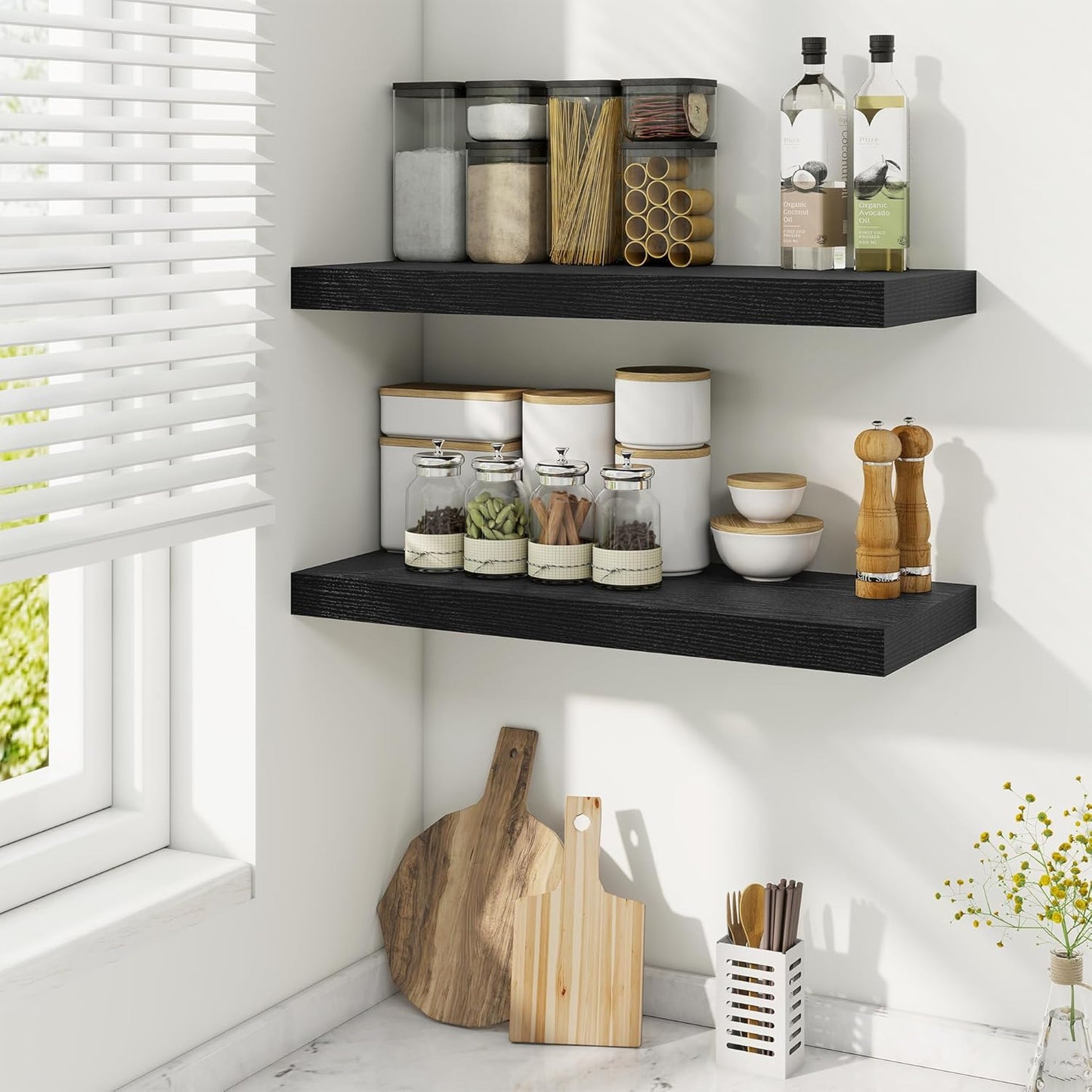 Fun Memories 24 Inch Floating Shelves for Wall, 9 Inch Deep Black Rustic Wood Wall Mounted Shelves for Bathroom, Kitchen, Living Room, Set of 2