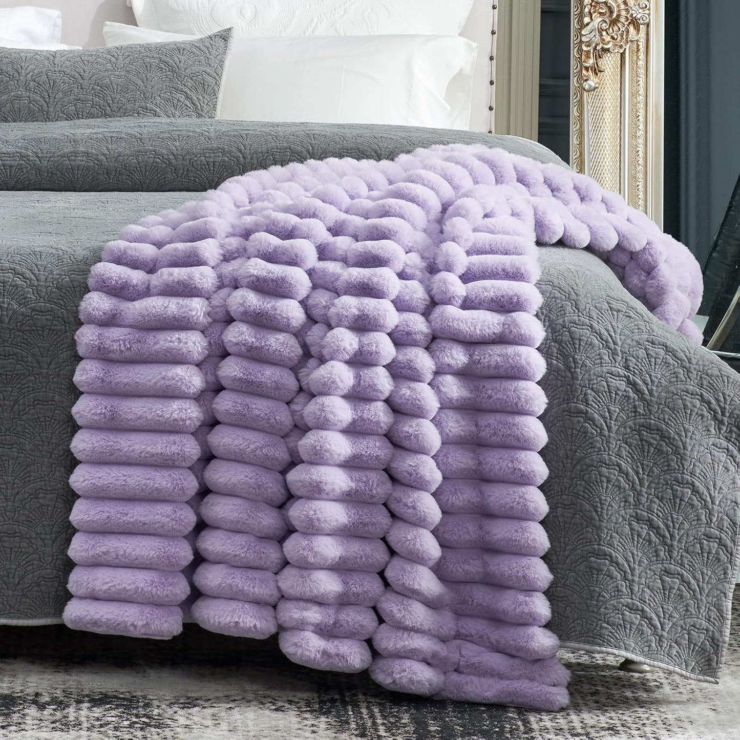 Cozy Bliss Faux Fur Throw Blanket for Couch, Cozy Warm Plush Striped Blanket for Sofa Bedroom Living Room, 50 * 60 Inches Lavender Purple