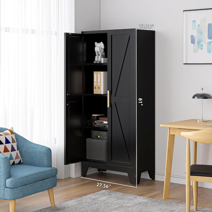 61" Tall Farmhouse Metal Pantry Cabinet, Kitchen Pantry Storage Cabinets with 2 Barn Door and Adjustable Shelves,Metal Pantry Storage Cabinet,for Kitchen,Laundry Room,Home Office,Kids Room (Black)
