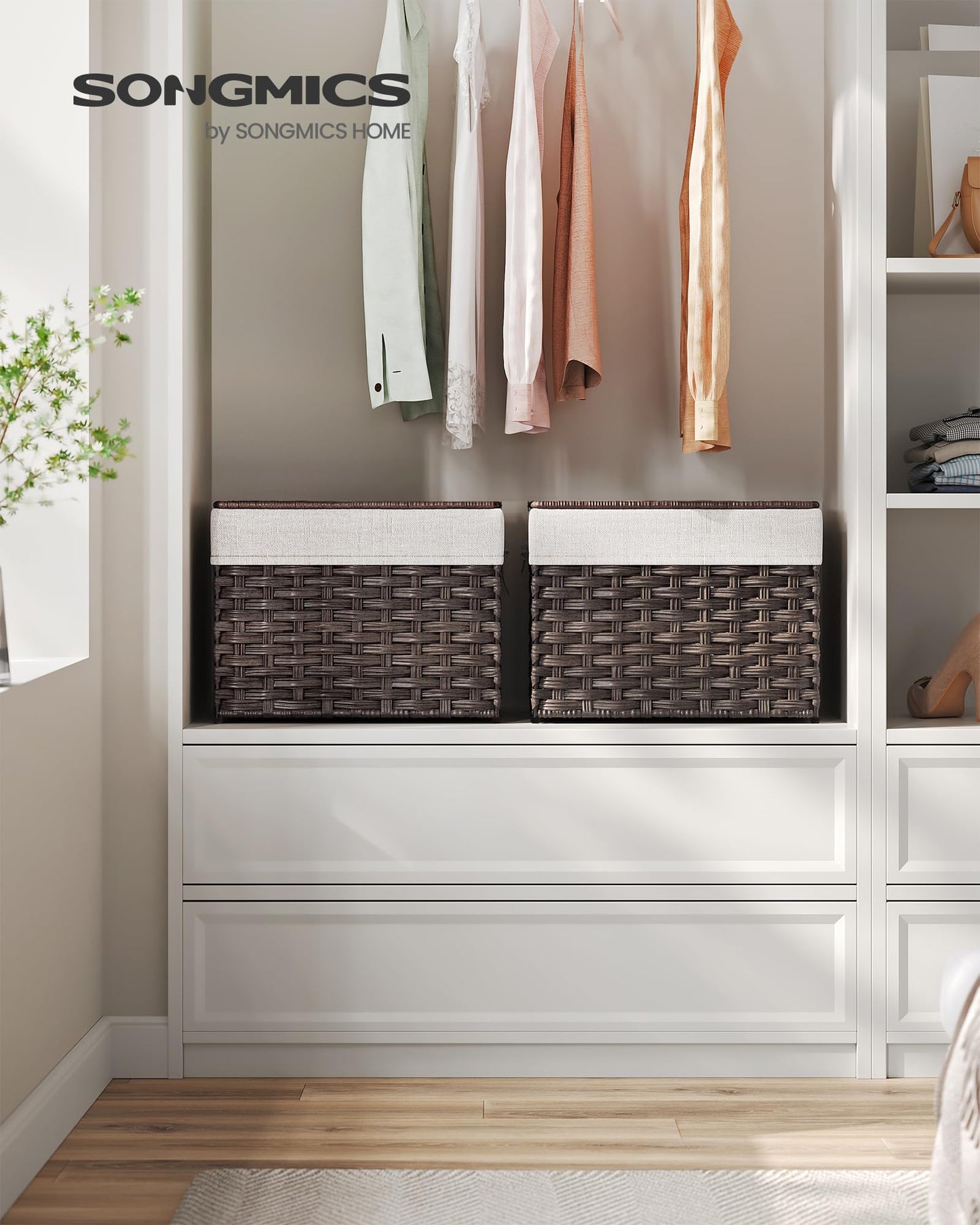 SONGMICS Storage Basket with Lid, Woven Blanket Storage Bin with Handles, Foldable, Removable
