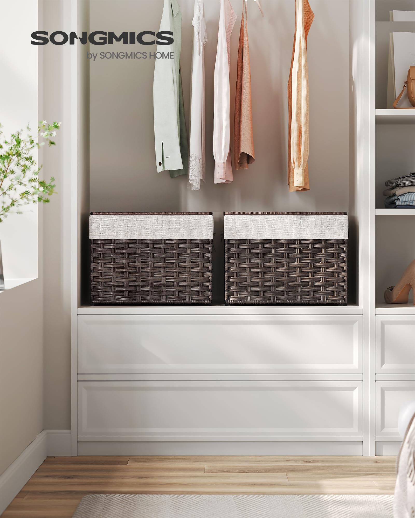 SONGMICS Storage Basket with Lid, Woven Blanket Storage Bin with Handles, Foldable, Removable