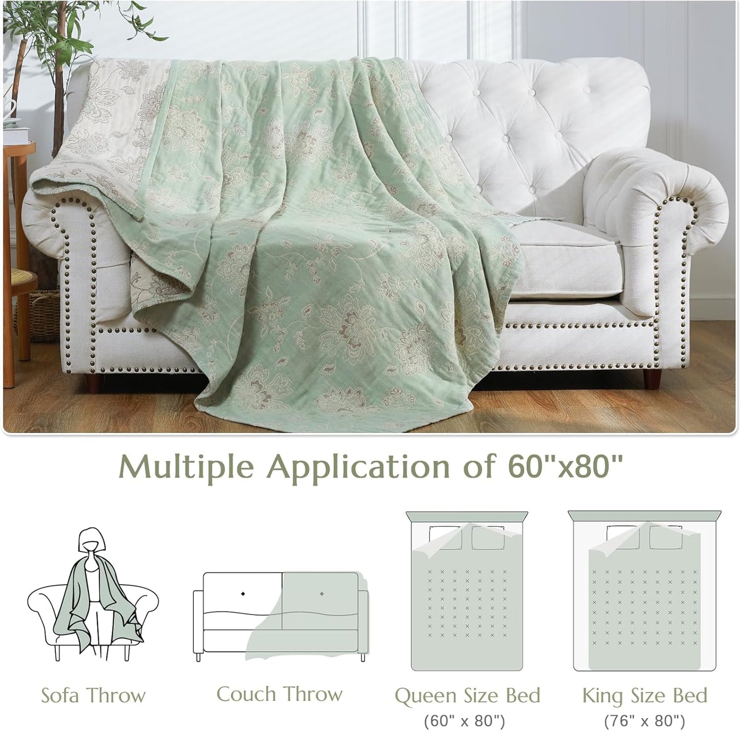 jinchan Boho 100% Cotton Muslin Twin Size 60x80 Inches Blanket Lightweight 4-Layer Quilted Soft Green and Beige Floral Throw Blanket Reversible Comfy Flower Breathable All Seasons Couch Bedroom Decor