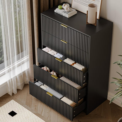 5 Drawer Dresser for Bedroom, Tall Dresser Chest of Drawers with Gold Handles, 32 Inch Wide Nightstand with for Bedroom, Living Rooms, Offices, and Entryways, Black