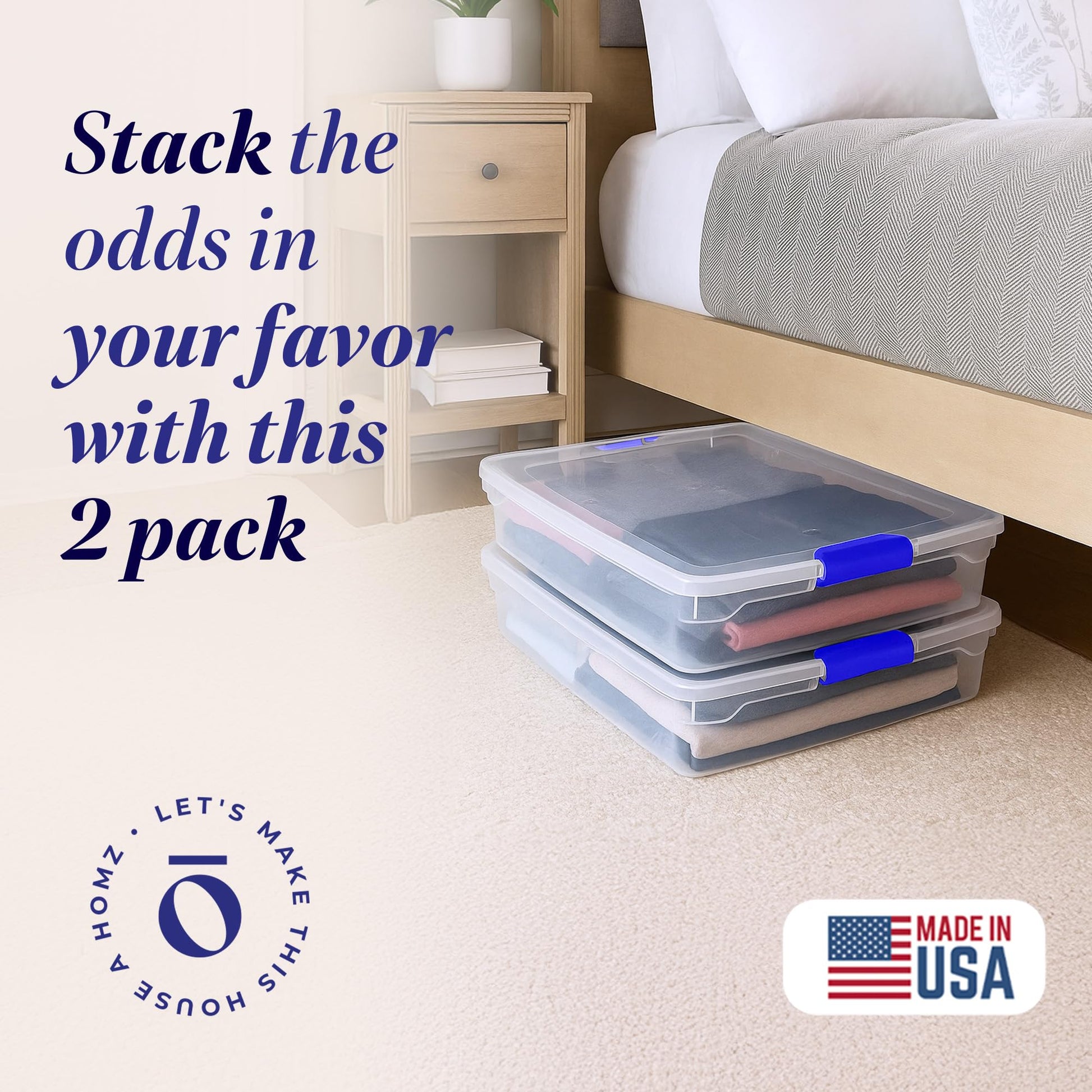 HOMZ 2-Pack Under Bed Storage, Clear Plastic Containers with Lids, 56 Quart, Blue Latch - Stackable