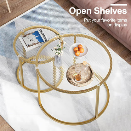 aboxoo Nesting Coffee Table Set of 2, Small Round Glass Nesting Tables for Living Room Bedroom, Accent Tea Table with Gold Metal Frame Modern Industrial Simple