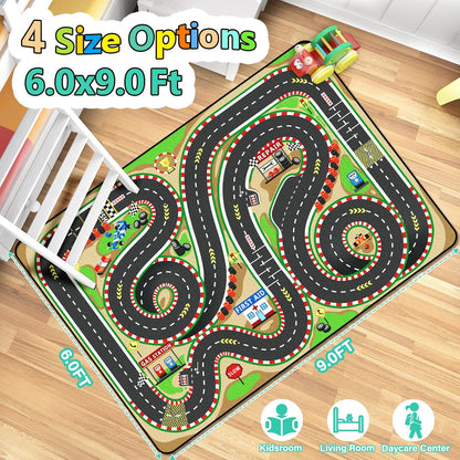 Kids Rug, Race Track Baby Play Mats, Realistic 3D Cascading Surround Route, 6x9 Ft Kids Rug for Playroom, Great for Playing with Cars and Toys, Non-Slip Car Carpet