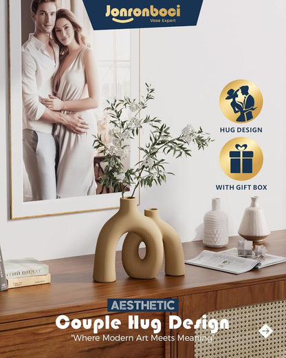 Hug Donut Decorative Vase Set - Tan Modern Rustic Farmhouse Style Vases Home Decor,Matte Ceramic Decorations for Living Room Shelf, Bookshelf Mantle Entryway Table Centerpiece or Console Décor(Brown)