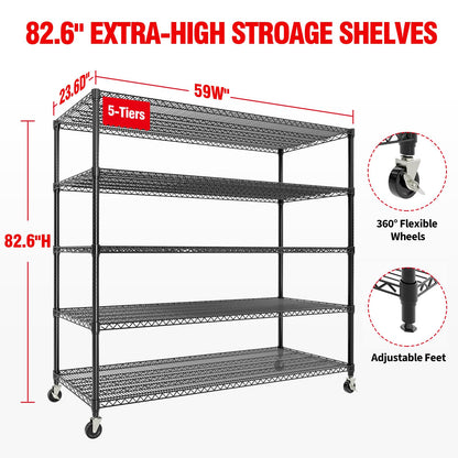 PeacefulHues 82.6" H Storage Shelves 3300LBS Heavy Duty Shelving Unit with Wheels & Feet, 5-Tiers