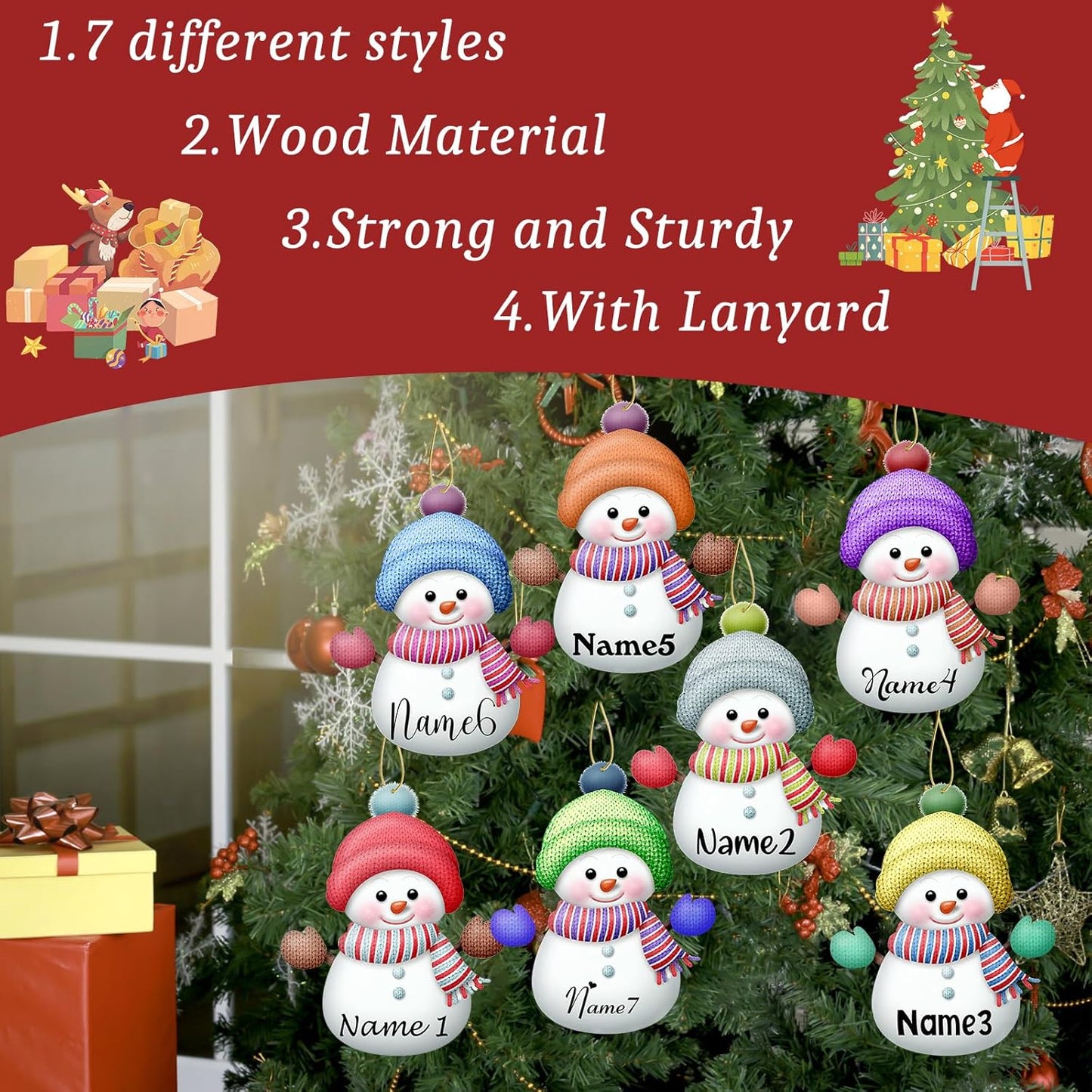 Personalized Christmas Ornaments with Names Snowman 8 Pcs Custom Family Ornament Customized Xmas Tree Hanging Wood Decoration Gift 3.15"（8cm）
