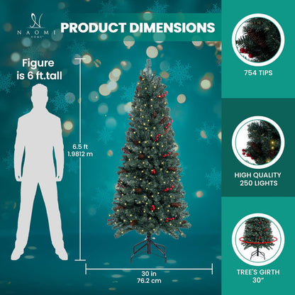 Naomi Home Belen 6.5ft Pencil Christmas Tree Prelit pre-Decorated with Pine Cones, Red Berries, 754 Branch Tips, 250 Warm Lights and Metal Stand, 30" Wide Skinny Christmas Tree with Lights